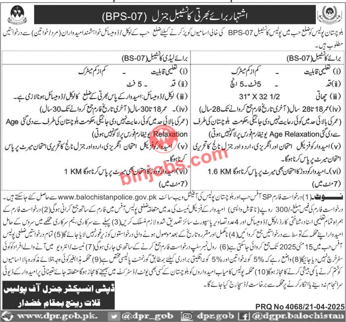 Balochistan Police Jobs 2025 Constable
